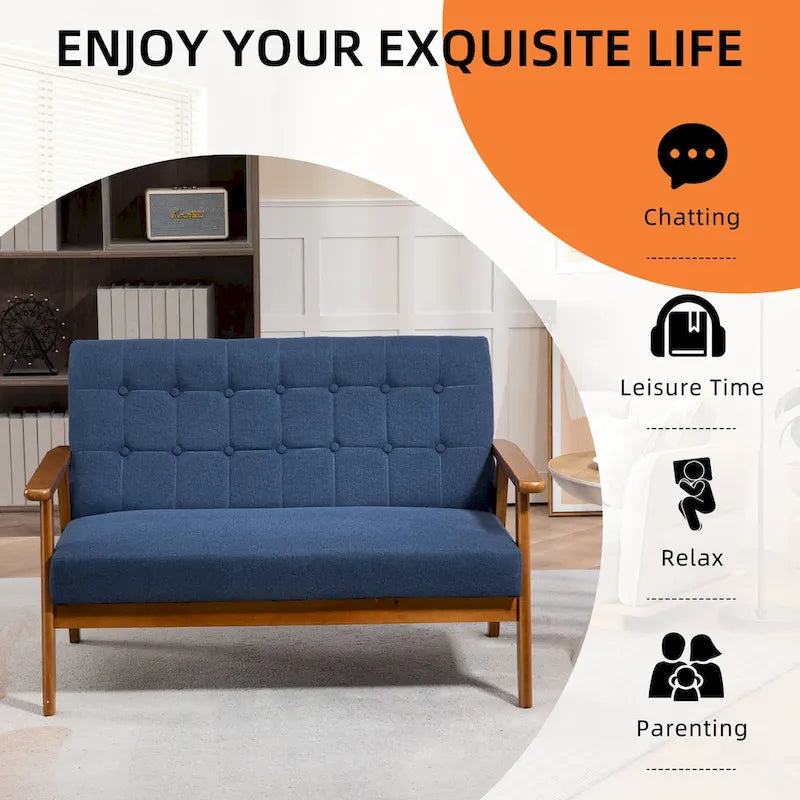 Causeuse capitonnée 2 places de style Mid-Century avec cadre en bois, similicuir et lin