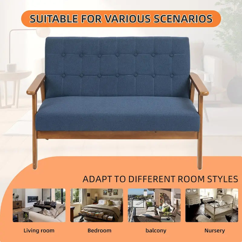 Causeuse capitonnée 2 places de style Mid-Century avec cadre en bois, similicuir et lin