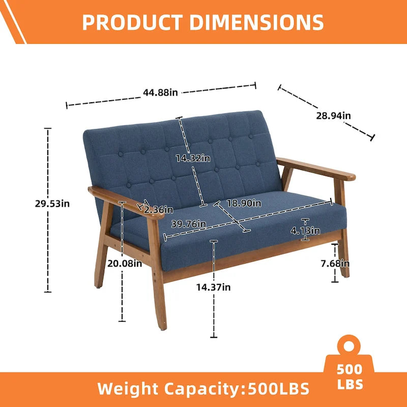 Causeuse capitonnée 2 places de style Mid-Century avec cadre en bois, similicuir et lin