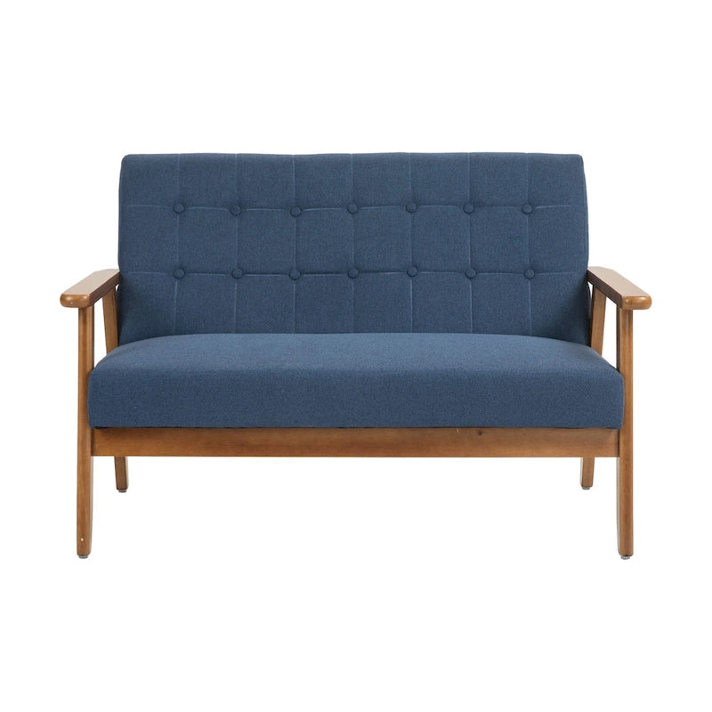 Causeuse capitonnée 2 places de style Mid-Century avec cadre en bois, similicuir et lin
