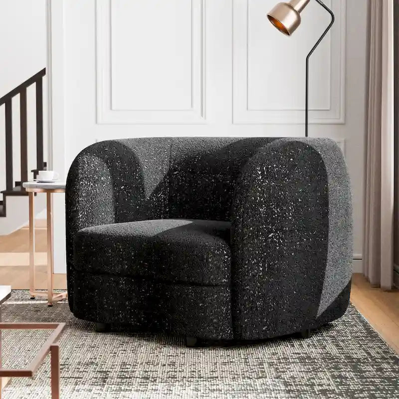 Fauteuil d'appoint moderne en bouclette avec accoudoirs incurvés, assise rénale et pieds ronds en bois