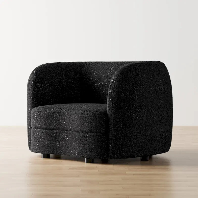 Fauteuil d'appoint moderne en bouclette avec accoudoirs incurvés, assise rénale et pieds ronds en bois