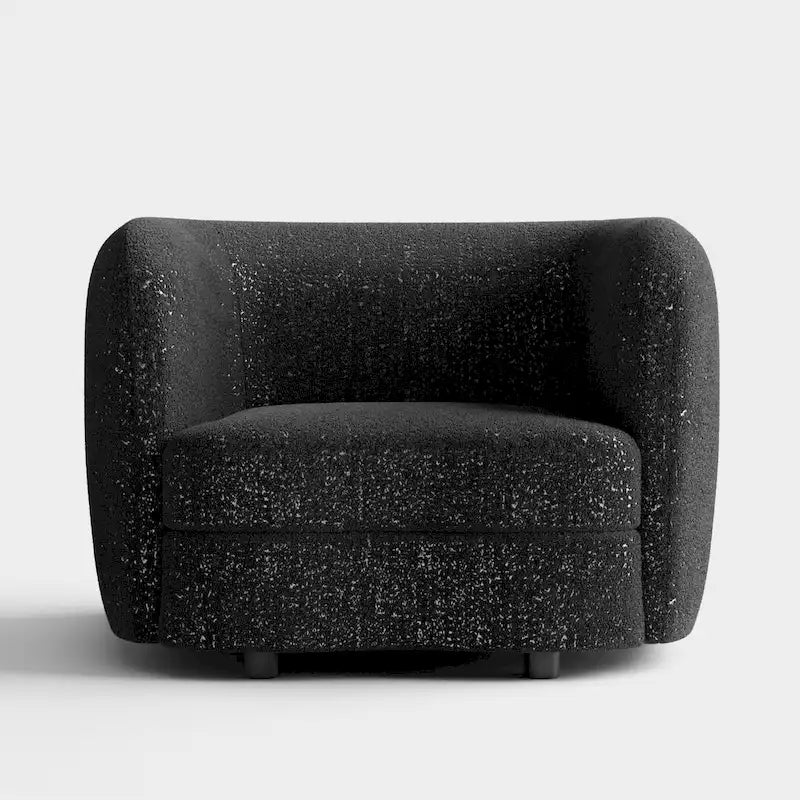 Fauteuil d'appoint moderne en bouclette avec accoudoirs incurvés, assise rénale et pieds ronds en bois