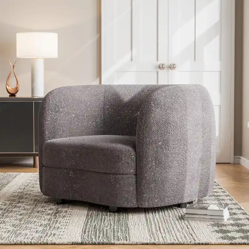 Fauteuil d'appoint moderne en bouclette avec accoudoirs incurvés, assise rénale et pieds ronds en bois