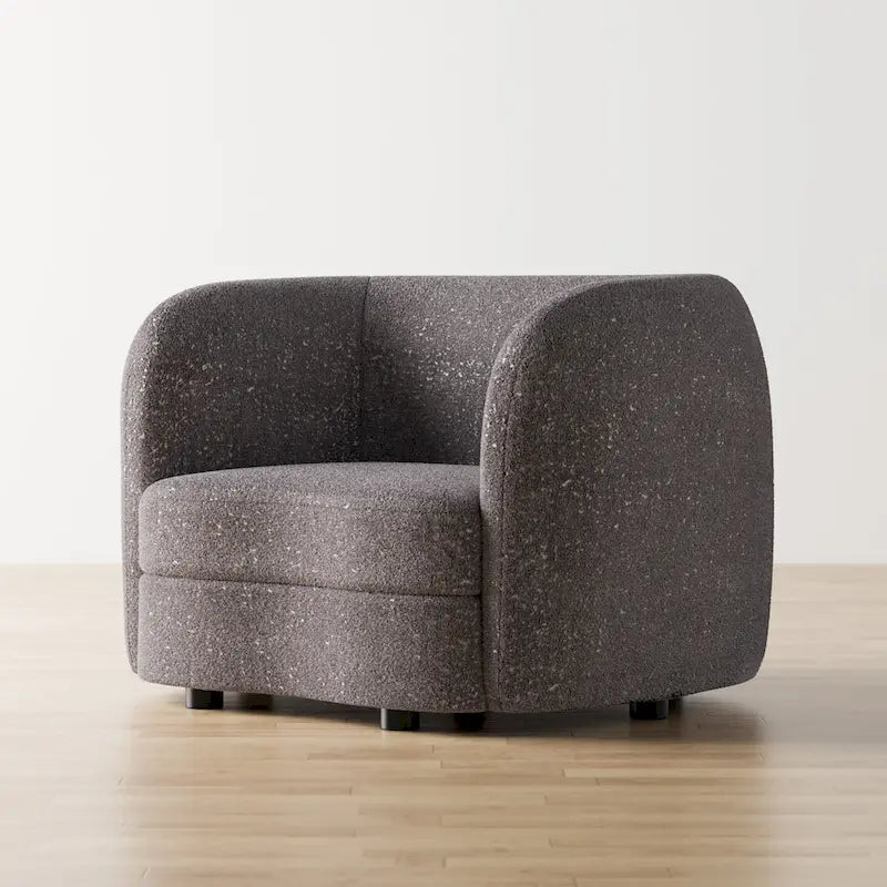 Fauteuil d'appoint moderne en bouclette avec accoudoirs incurvés, assise rénale et pieds ronds en bois