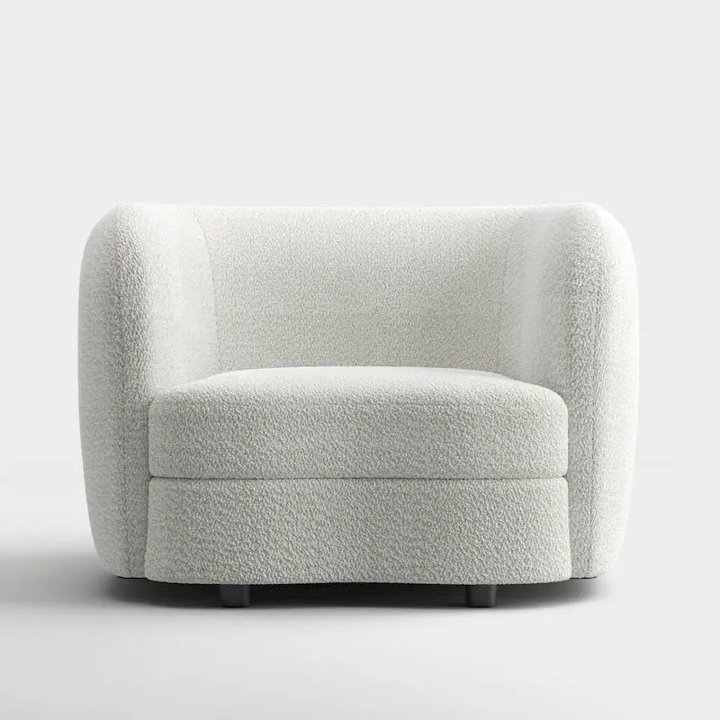 Fauteuil d'appoint moderne en bouclette avec accoudoirs incurvés, assise rénale et pieds ronds en bois