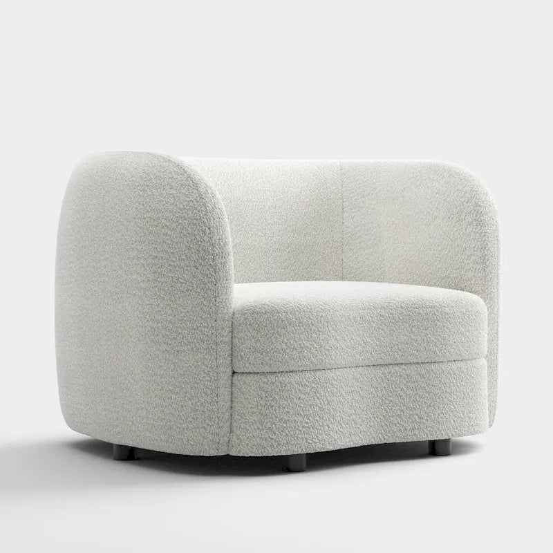 Fauteuil d'appoint moderne en bouclette avec accoudoirs incurvés, assise rénale et pieds ronds en bois