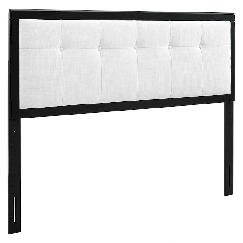Tête de lit capitonnée en tissu blanc avec cadre en bois noir pour lit Queen