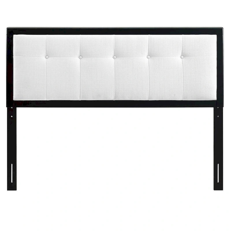Tête de lit capitonnée en tissu blanc avec cadre en bois noir pour lit Queen