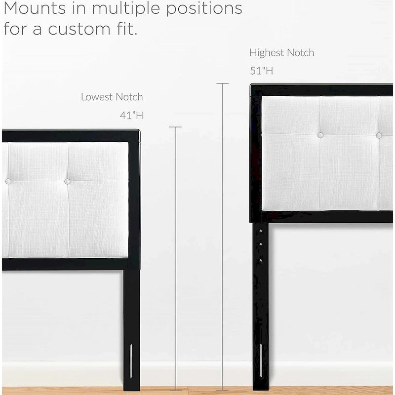 Tête de lit capitonnée en tissu blanc avec cadre en bois noir pour lit Queen
