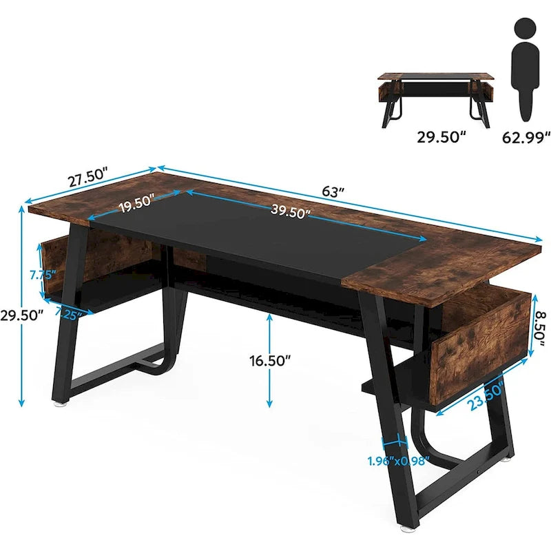 Bureau de direction marron rustique avec rangement sous l'étagère et pieds en métal industriel