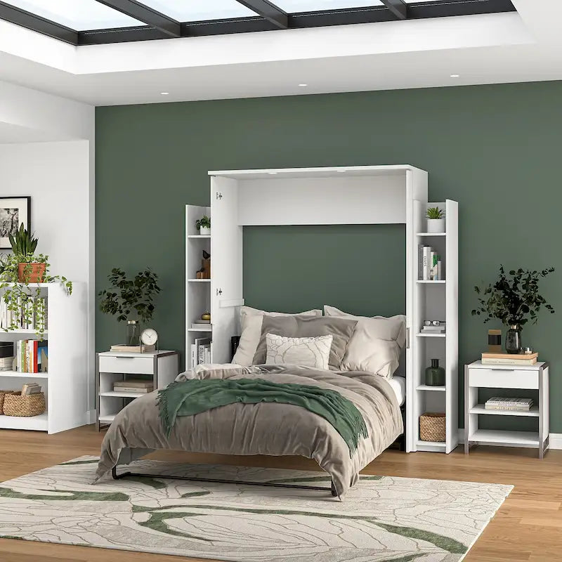 Lit escamotable blanc pleine grandeur avec étagères de rangement latérales