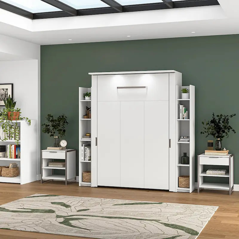 Lit escamotable blanc pleine grandeur avec étagères de rangement latérales