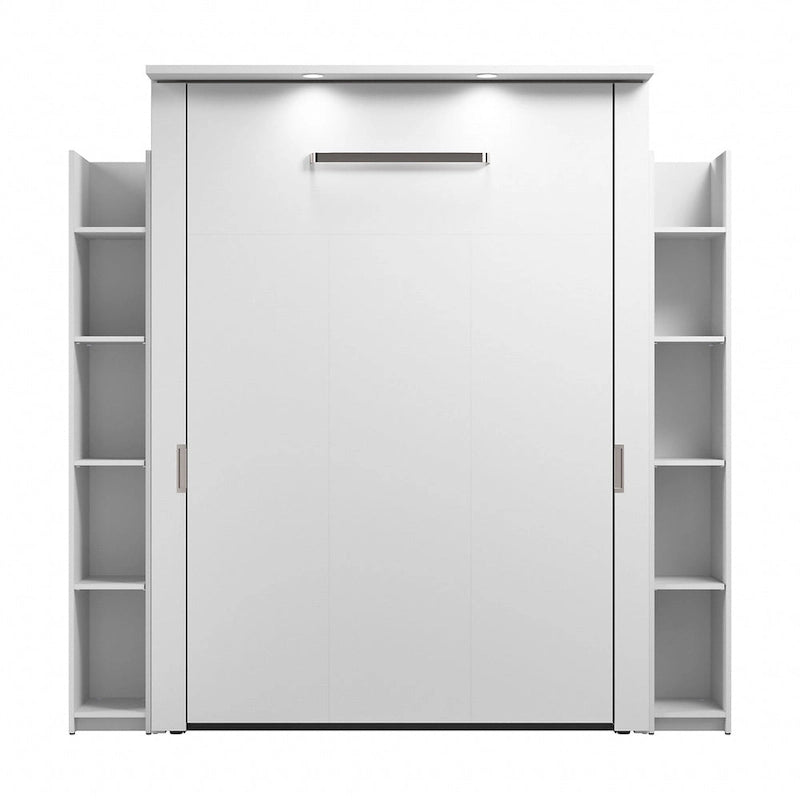 Lit escamotable blanc pleine grandeur avec étagères de rangement latérales