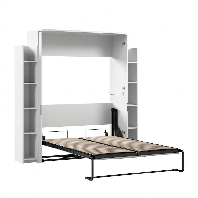 Lit escamotable blanc pleine grandeur avec étagères de rangement latérales
