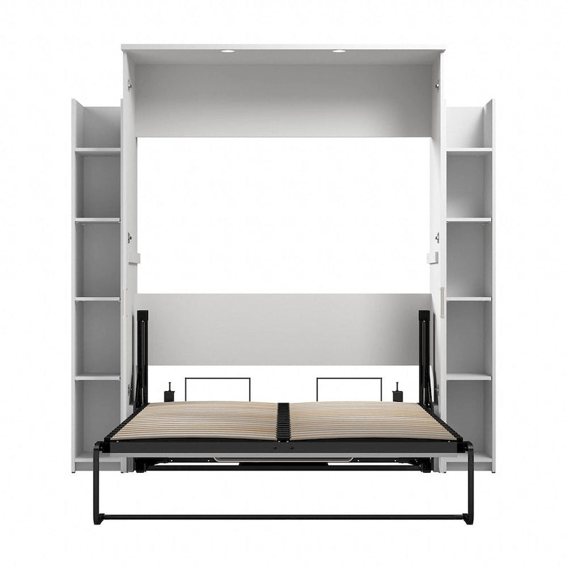 Lit escamotable blanc pleine grandeur avec étagères de rangement latérales