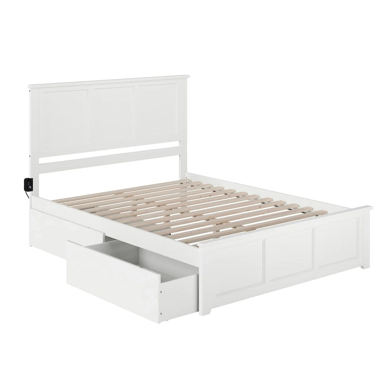Lit plateforme Queen blanc avec tiroirs de rangement intégrés et tête de lit à panneaux