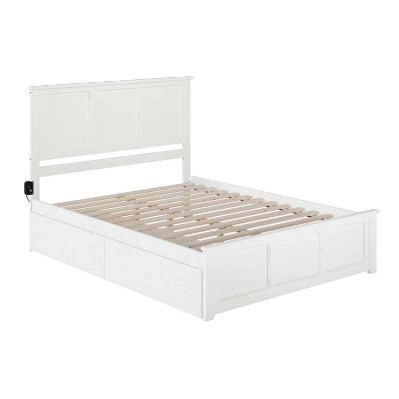 Lit plateforme Queen blanc avec tiroirs de rangement intégrés et tête de lit à panneaux