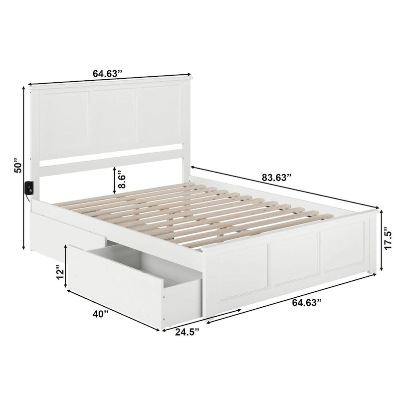 Lit plateforme Queen blanc avec tiroirs de rangement intégrés et tête de lit à panneaux