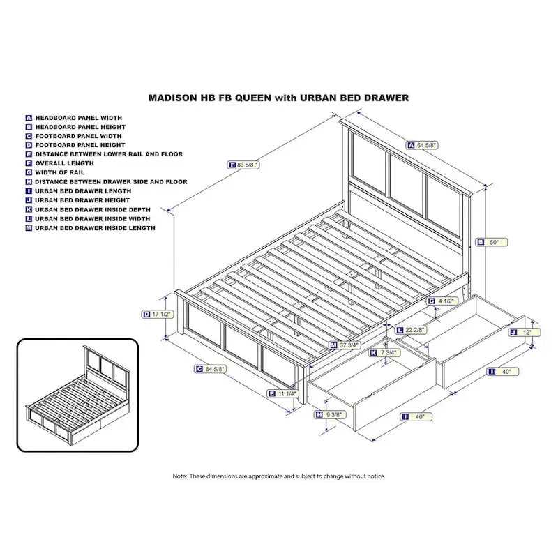 Lit plateforme Queen blanc avec tiroirs de rangement intégrés et tête de lit à panneaux