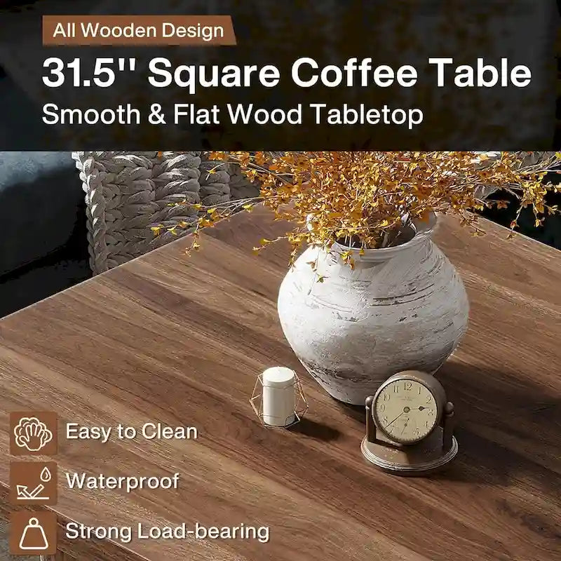 Table basse carrée en bois marron avec base cannelée pour salon