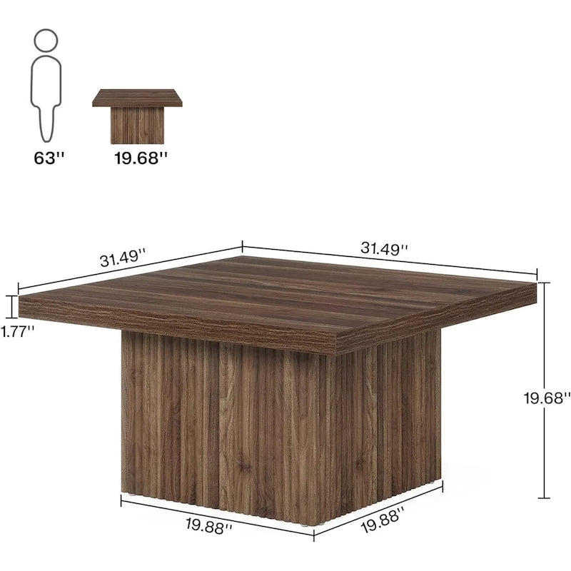 Table basse carrée en bois marron avec base cannelée pour salon