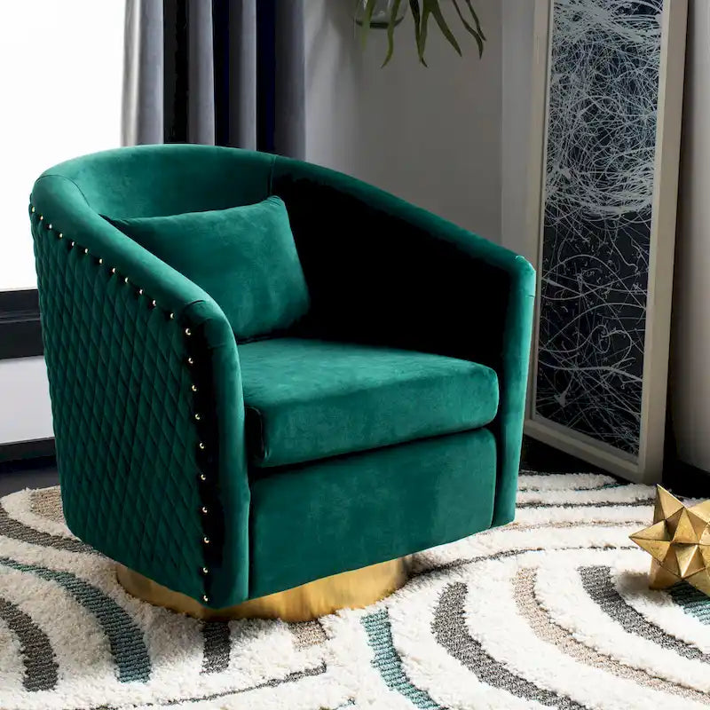 Fauteuil pivotant en velours bleu marine matelassé losanges avec garniture cloutée
