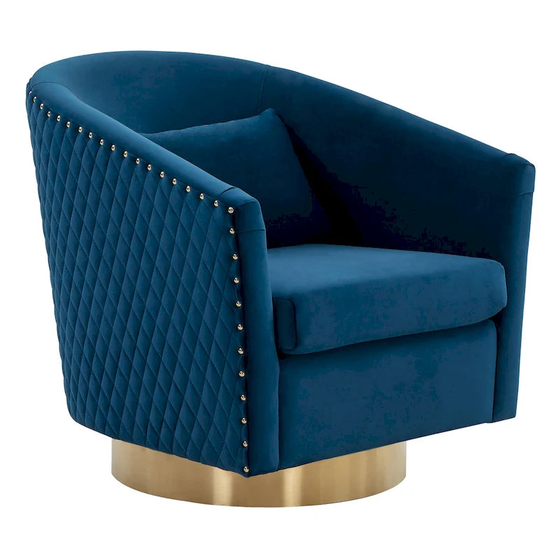 Fauteuil pivotant en velours bleu marine matelassé losanges avec garniture cloutée