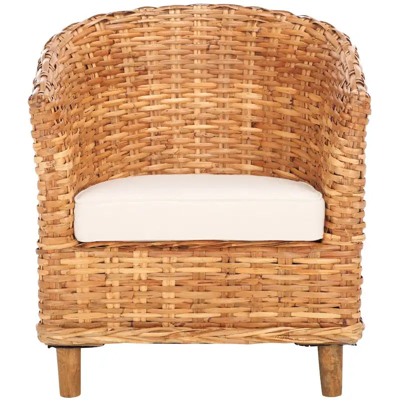 Fauteuil d'appoint Honey Rattan Barrel avec coussin en coton blanc, tressé