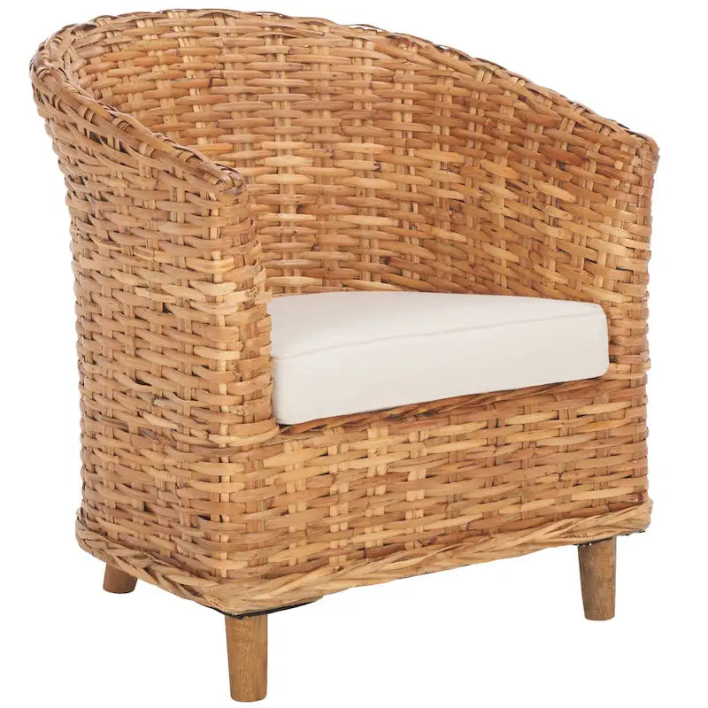 Fauteuil d'appoint Honey Rattan Barrel avec coussin en coton blanc, tressé