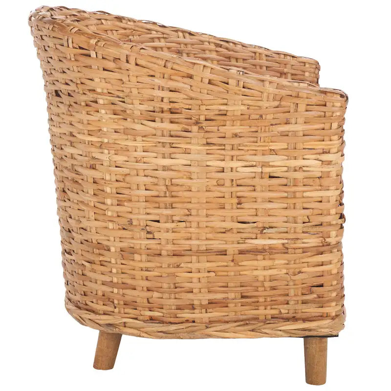 Fauteuil d'appoint Honey Rattan Barrel avec coussin en coton blanc, tressé