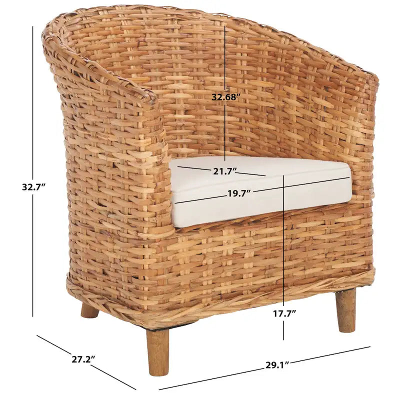 Fauteuil d'appoint Honey Rattan Barrel avec coussin en coton blanc, tressé