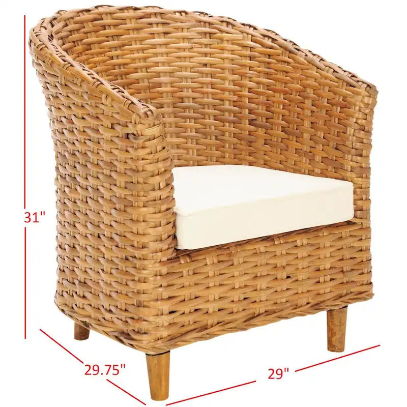 Fauteuil d'appoint Honey Rattan Barrel avec coussin en coton blanc, tressé