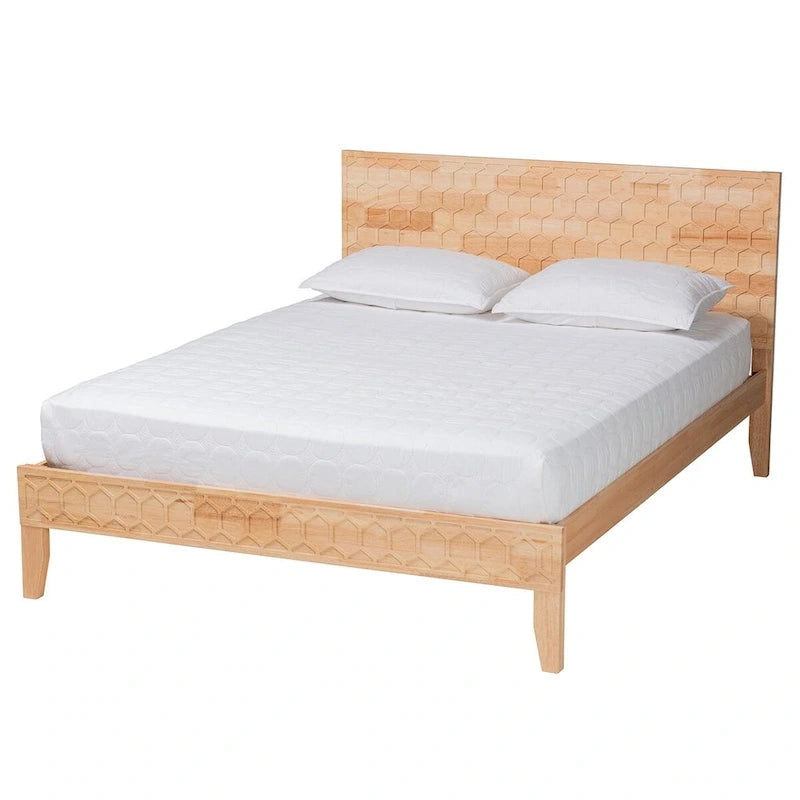 Lit plateforme en bois d'hévéa sculpté en nid d'abeille avec tête de lit rectangulaire
