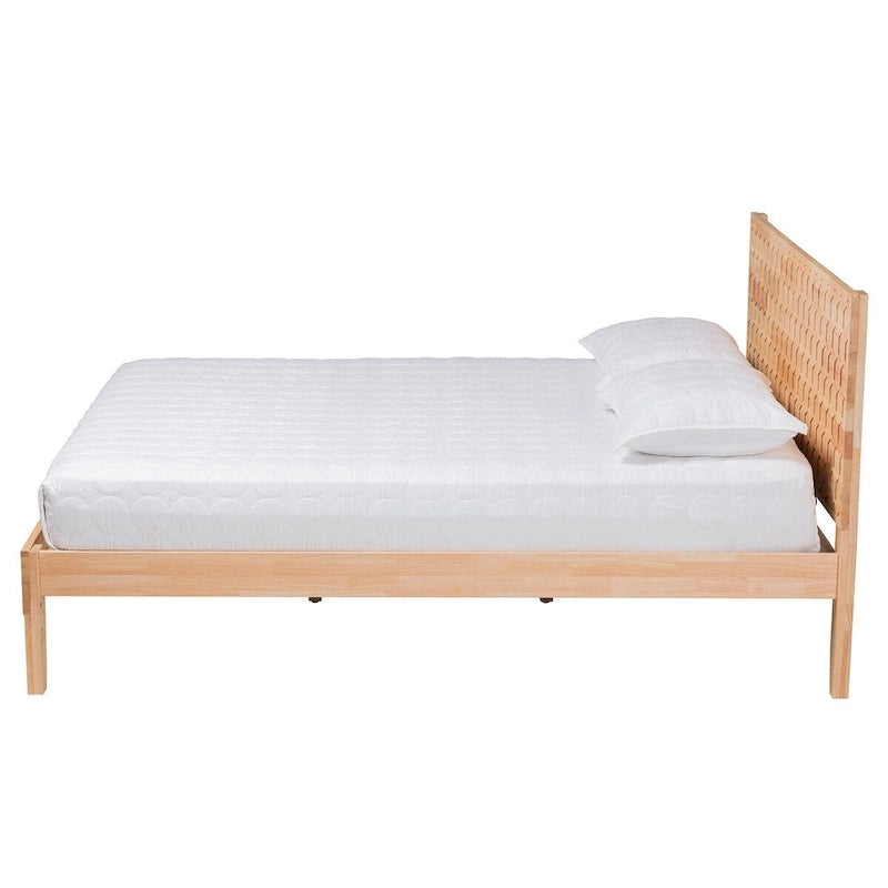 Lit plateforme en bois d'hévéa sculpté en nid d'abeille avec tête de lit rectangulaire