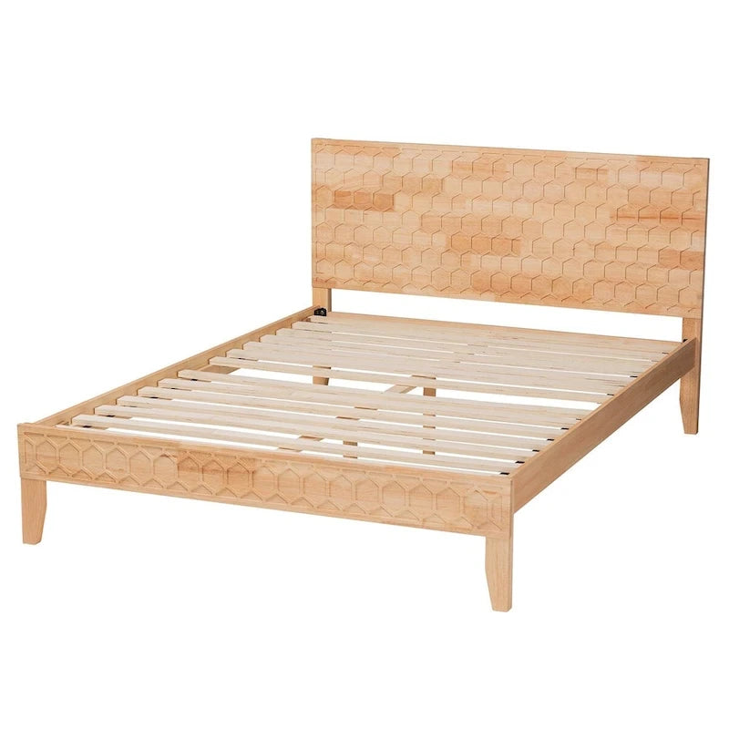 Lit plateforme en bois d'hévéa sculpté en nid d'abeille avec tête de lit rectangulaire