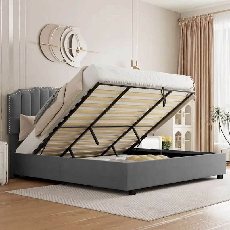 Lit plateforme capitonné en velours avec rangement à vérins à gaz et tête de lit capitonnée