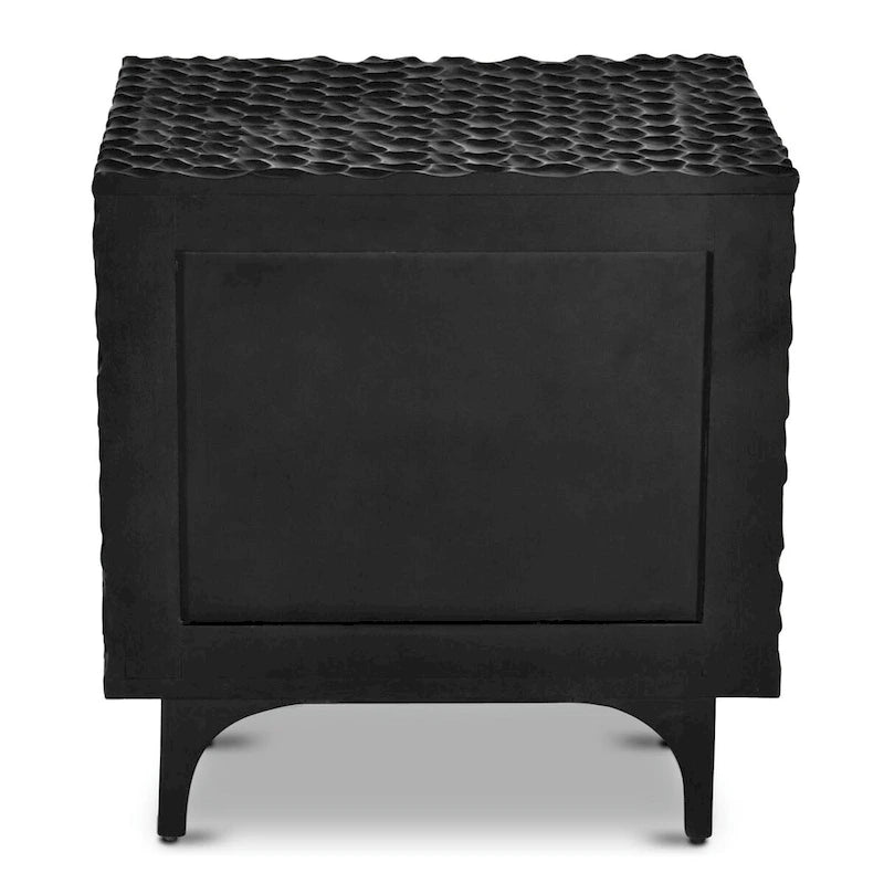 Table de chevet noire en bois massif sculpté avec 2 tiroirs