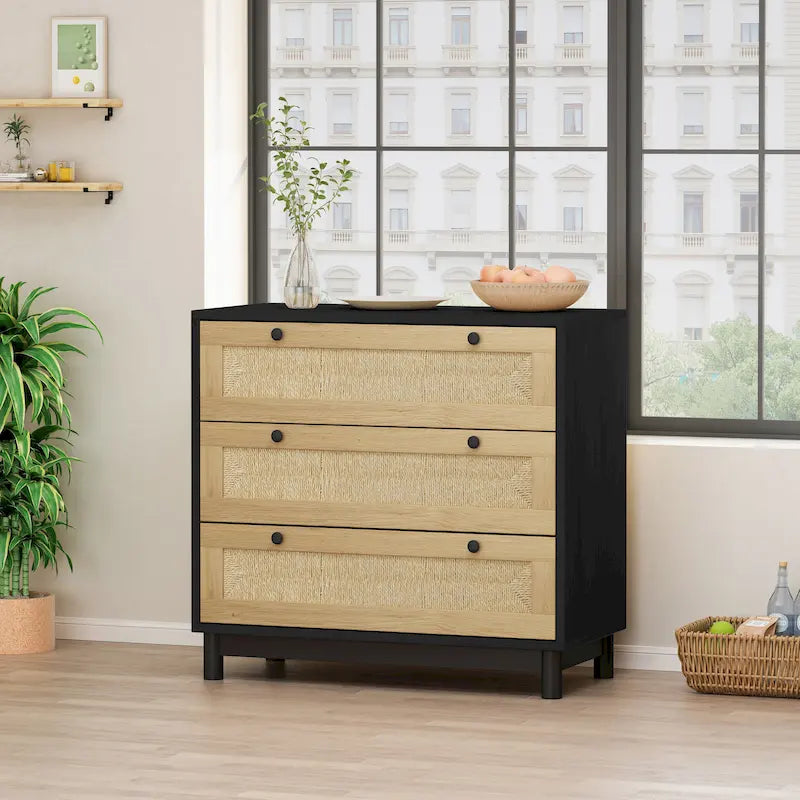 Commode à 3 tiroirs avec panneaux tressés en rotin et pieds en pin, en chêne et noir