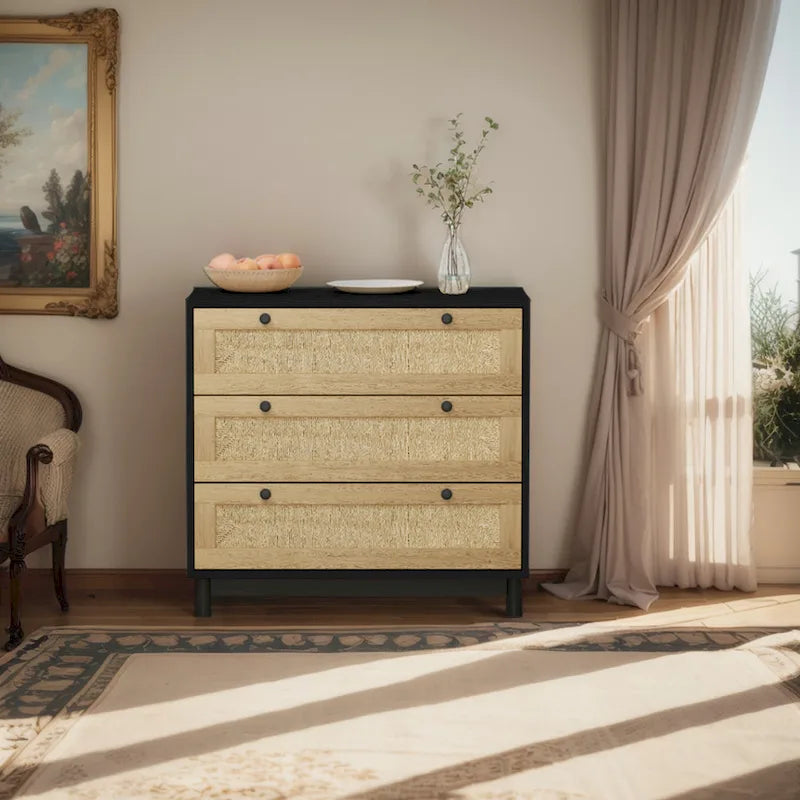 Commode à 3 tiroirs avec panneaux tressés en rotin et pieds en pin, en chêne et noir