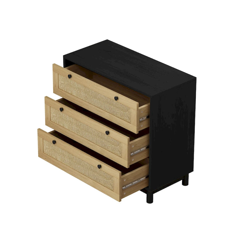 Commode à 3 tiroirs avec panneaux tressés en rotin et pieds en pin, en chêne et noir