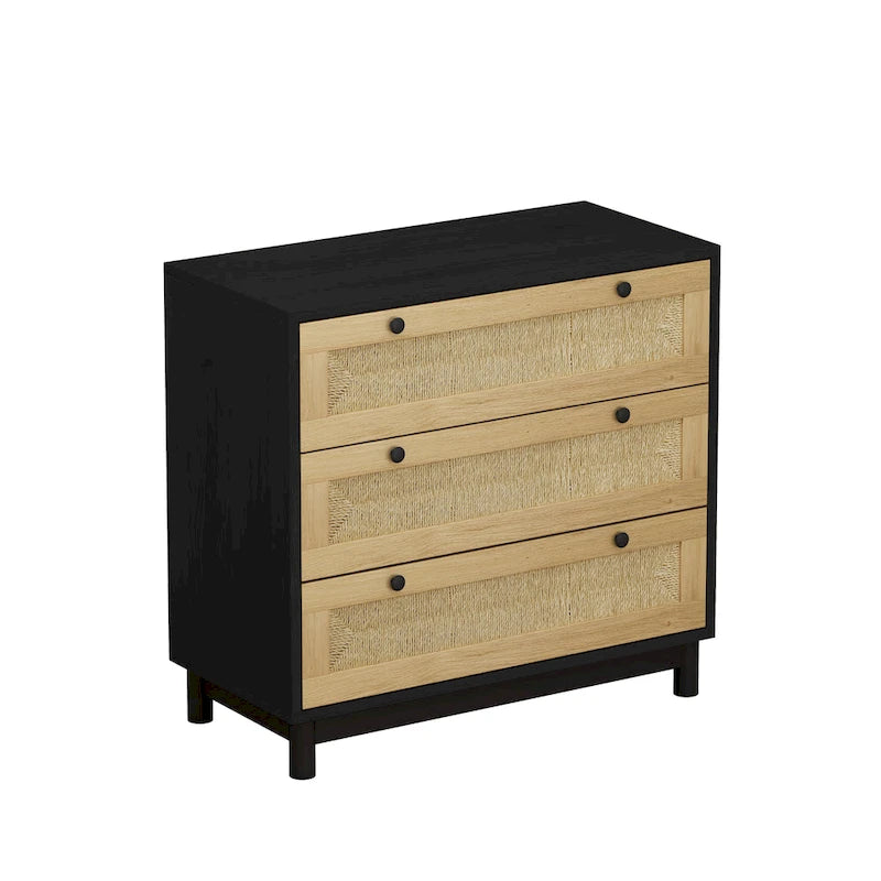 Commode à 3 tiroirs avec panneaux tressés en rotin et pieds en pin, en chêne et noir