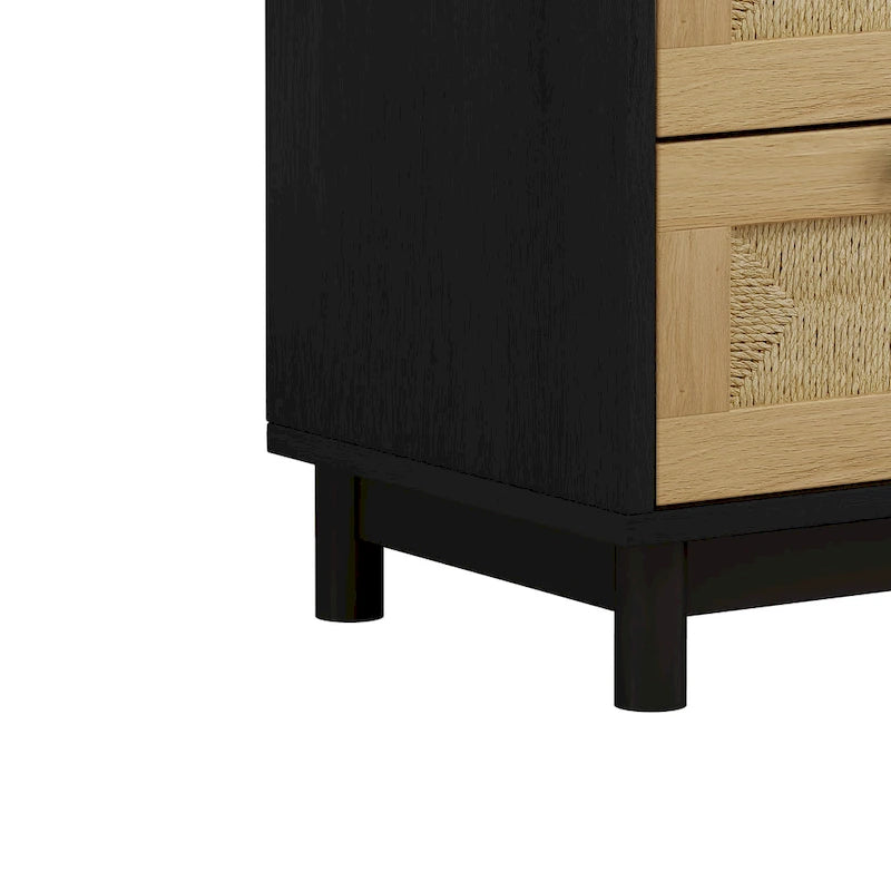 Commode à 3 tiroirs avec panneaux tressés en rotin et pieds en pin, en chêne et noir