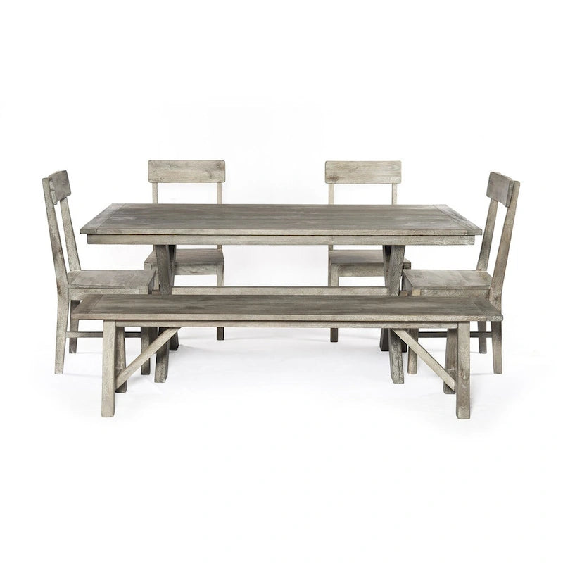Banc de ferme en bois massif gris patiné avec pieds en A