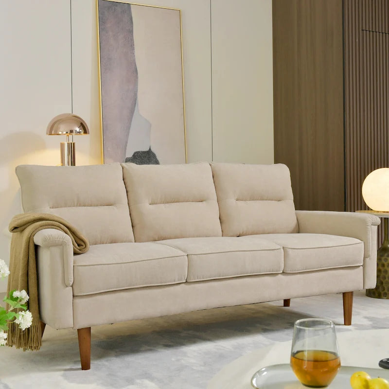 Canapé en similicuir style Mid-Century Modern avec dossier capitonné et pieds en bois
