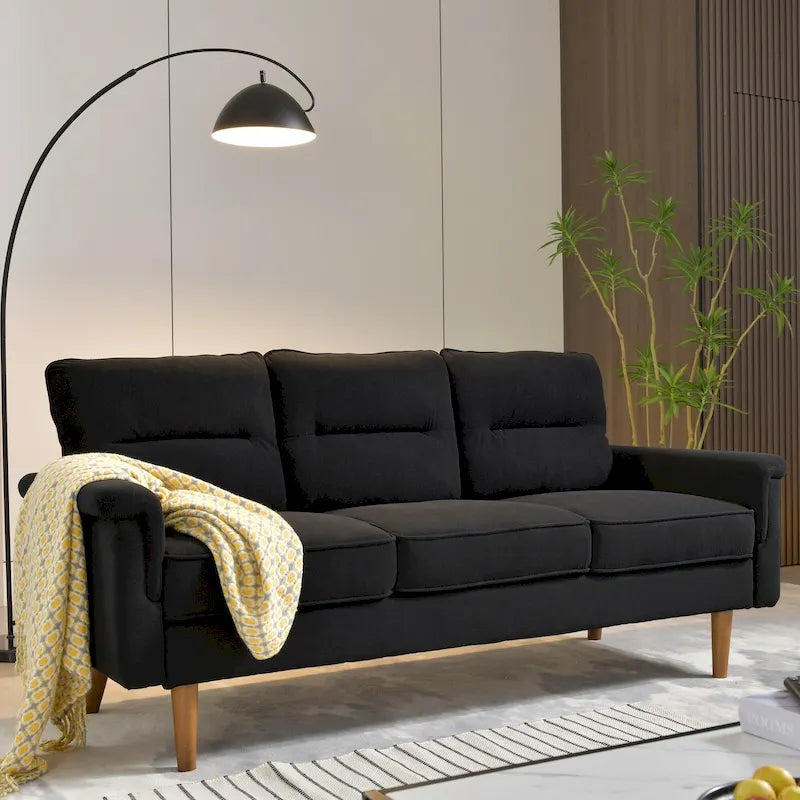 Canapé en similicuir style Mid-Century Modern avec dossier capitonné et pieds en bois