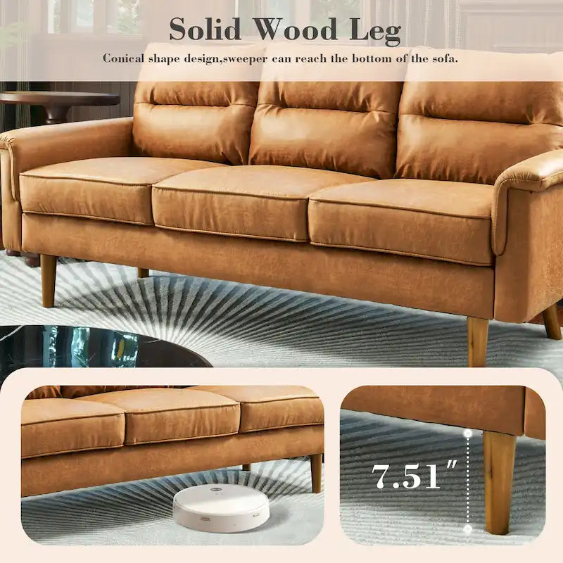 Canapé en similicuir style Mid-Century Modern avec dossier capitonné et pieds en bois