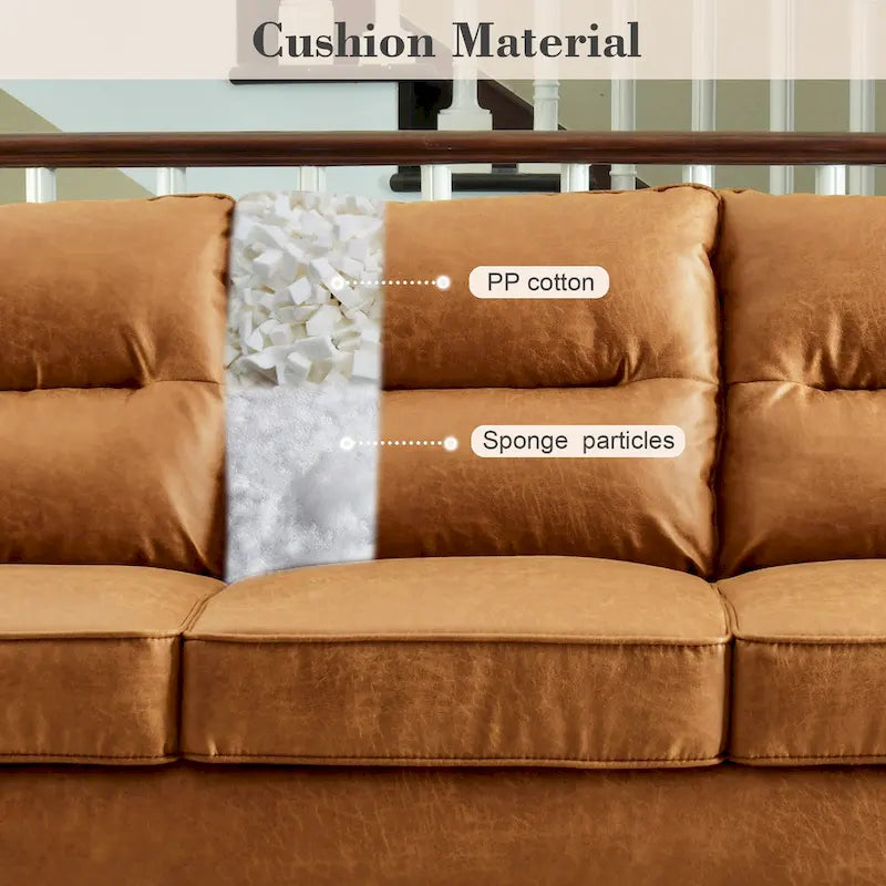 Canapé en similicuir style Mid-Century Modern avec dossier capitonné et pieds en bois