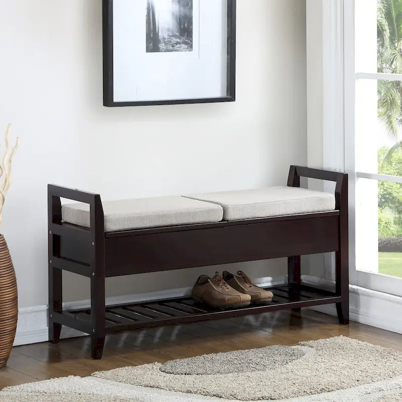 Banc à chaussures d'entrée en bois marron expresso avec sièges rembourrés et rangement