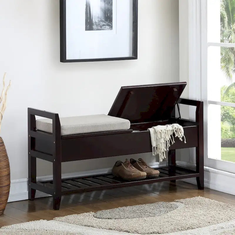 Banc à chaussures d'entrée en bois marron expresso avec sièges rembourrés et rangement